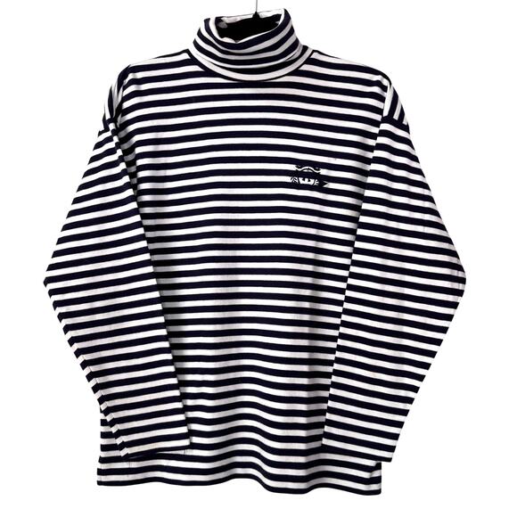 Vintage CHARTER CLUB Turtleneck Women's M‎ Striped Nautical Preppy Crest Coastal - Picture 1 of 9